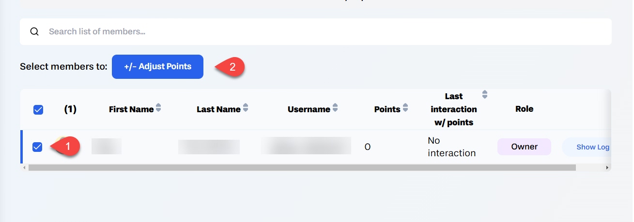 Select a student(s) labeled 1, then select +/- adjust points labeled 2