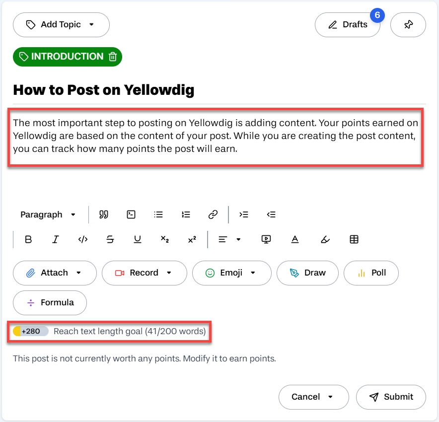 Post main content outlined with content text length goal outlined