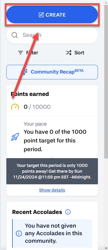 In your Yellowdig community select the create button outlined