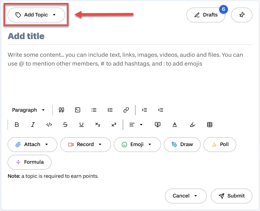 Add Topic button outlined on top of your new post
