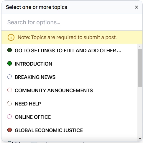 Add Topic button menu with list of topics
