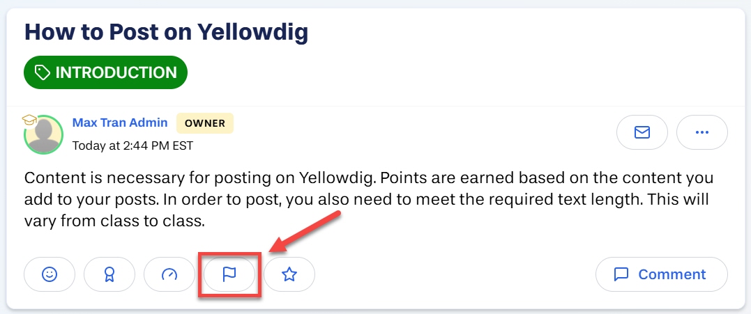 On an Inappropriate post, select the Flag icon outlined and arrowed to