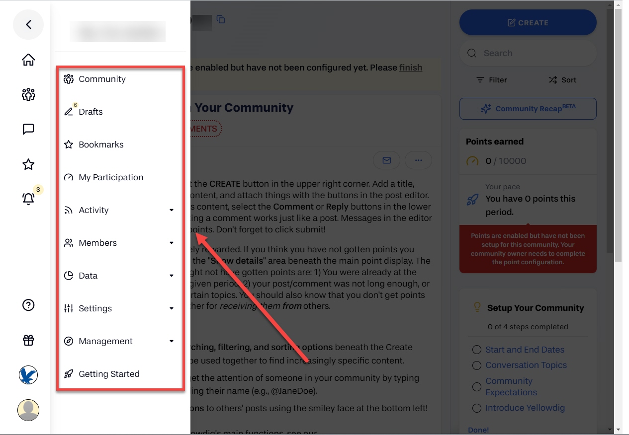 Yellowdig community menu panel in community outlined and arrowed to