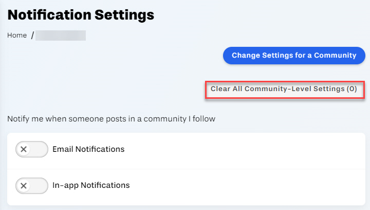 Notification settings Clear All Community-Level Settings button outlined