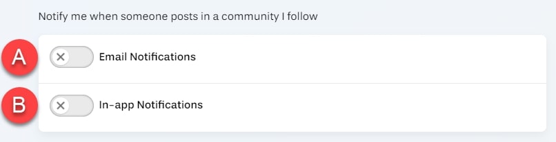 Notification settings for email notifications labeled A and In-App notifications labeled B