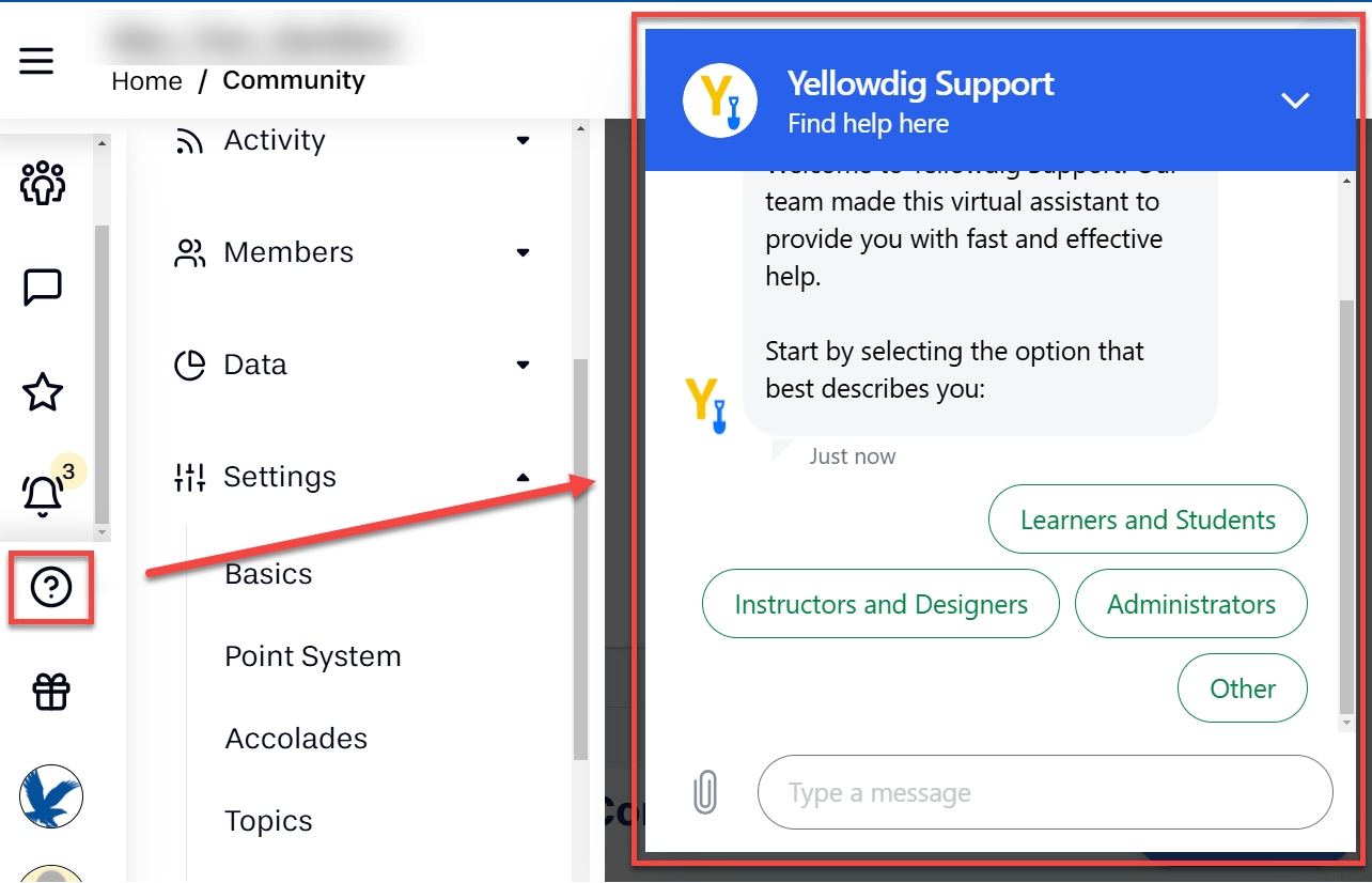 In your community, the circled question mark outlined and arrowed to prompts the help fly out