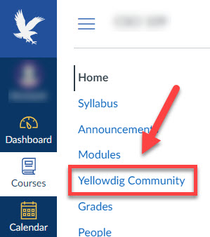 Canvas navigation Yellowdig Community button outlined and arrowed