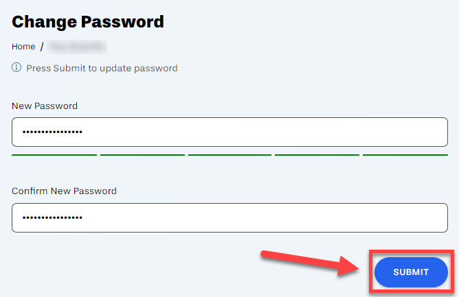 To confirm your New Password select the submit button outlined and arrowed to