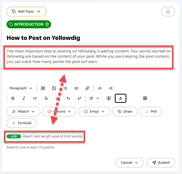 Post main content outlined with content text length goal outlined and arrowed to