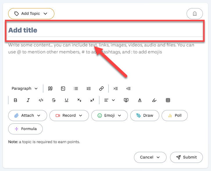 Add Title of post in field labeled Title outlined and arrowed to