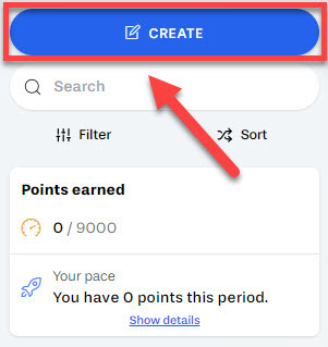 In your Yellowdig community select the create button outlined and arrowed to
