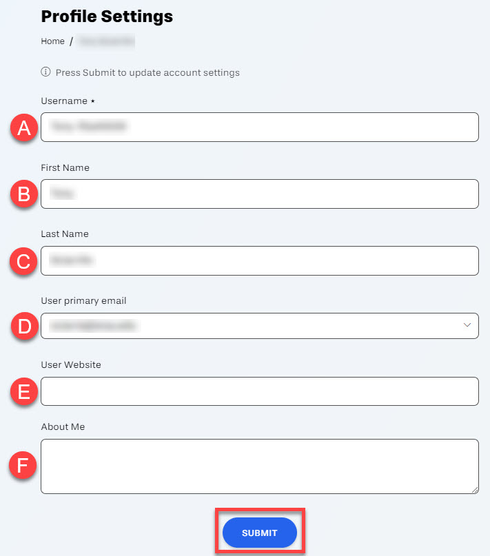 Profile settings with information fields labeled A-F, then submit button outlined