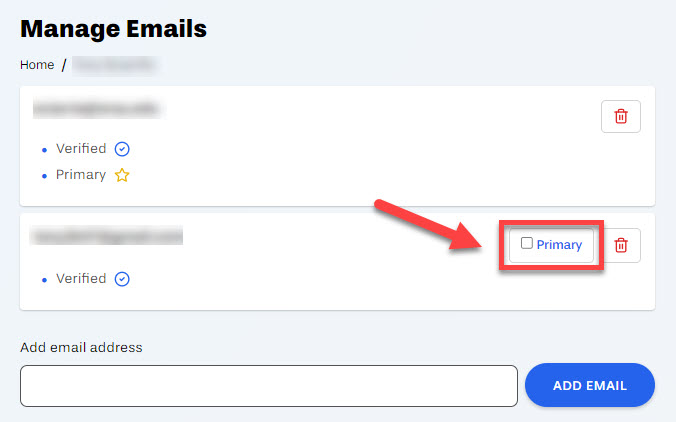 Manage Emails, select primary box outlined and arrowed to