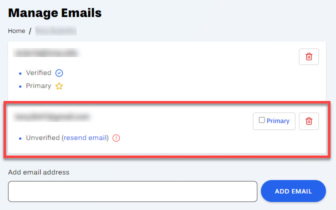 Email appears in email list as unverified outlined