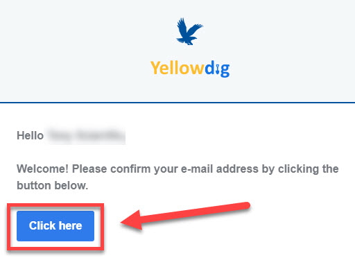 Select Click here outlined and arrowed to on verification email from Yellowdig