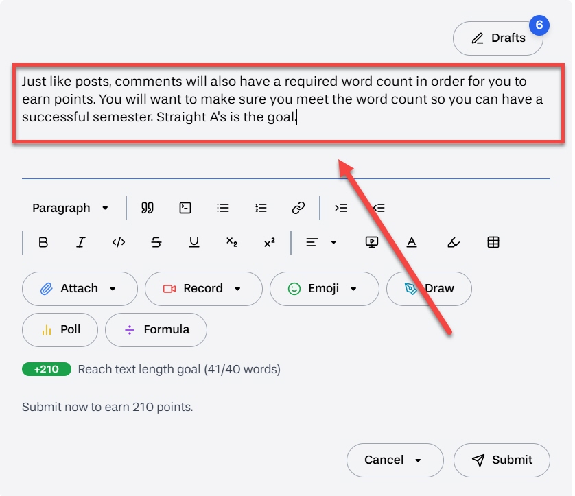 Comment main content outlined and arrowed to