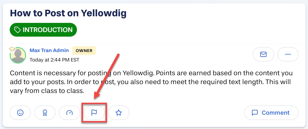 On an Inappropriate post, select the Flag icon outlined and arrowed to
