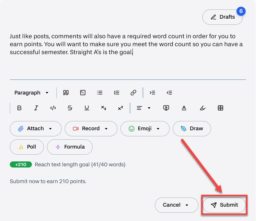To Post a comment, after all content is in the text area, select post comment outlined and arrowed to