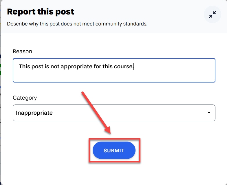 After explaining why the post was flagged, select submit outlined