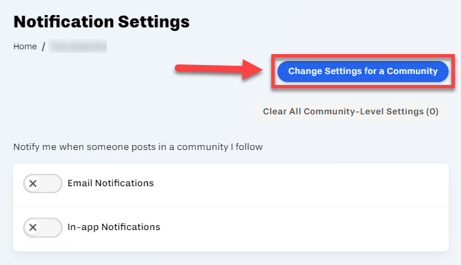 Notification settings Change Settings for a Community button outlined and arrowed to