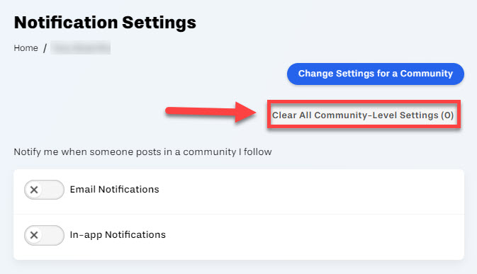 Notification settings Clear All Community-Level Settings button outlined and arrowed to