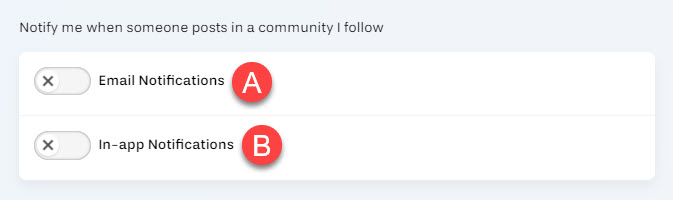 Notification settings for email notifications labeled A and In-App notifications labeled B