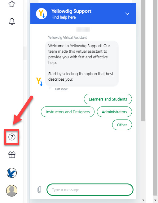 In your community, the circled question mark outlined and arrowed to prompts the Yellowdig Support fly out