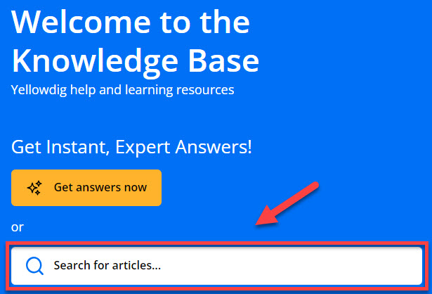 The Yellowdig Knowledge Base Articles search bank outlined and arrowed to
