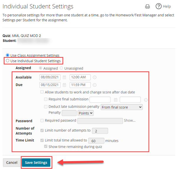 Settings per student