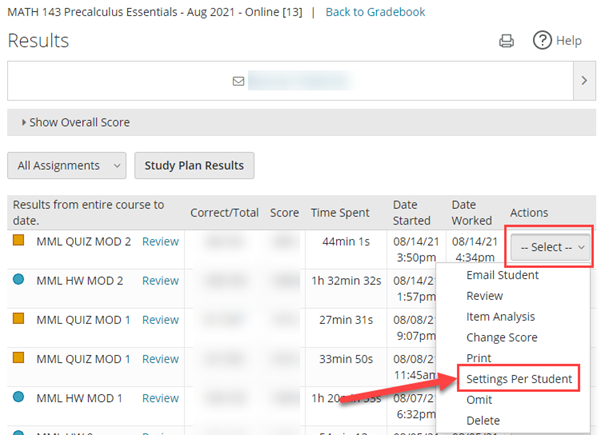 Settings per student