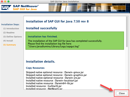 Example of the SAP GUI for Java install option complete on a Mac