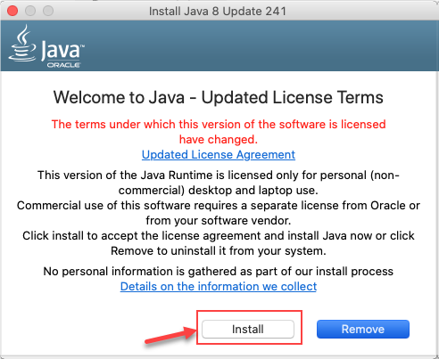 Example of the Java install option on a Mac