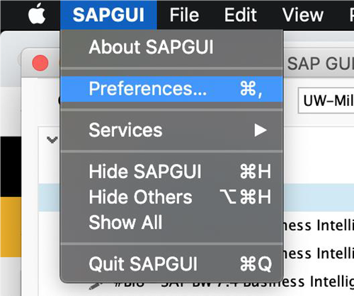 Opening the SAP GUI preferences on the menu bar