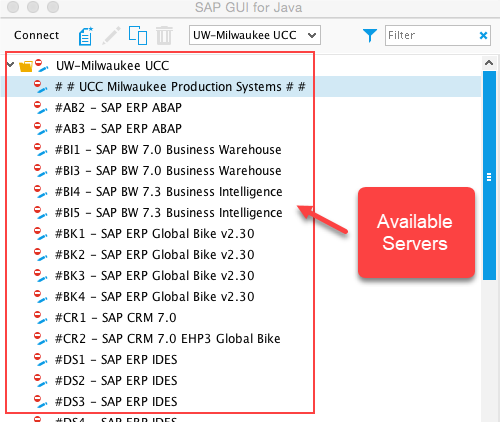 Available servers for SAP GUI