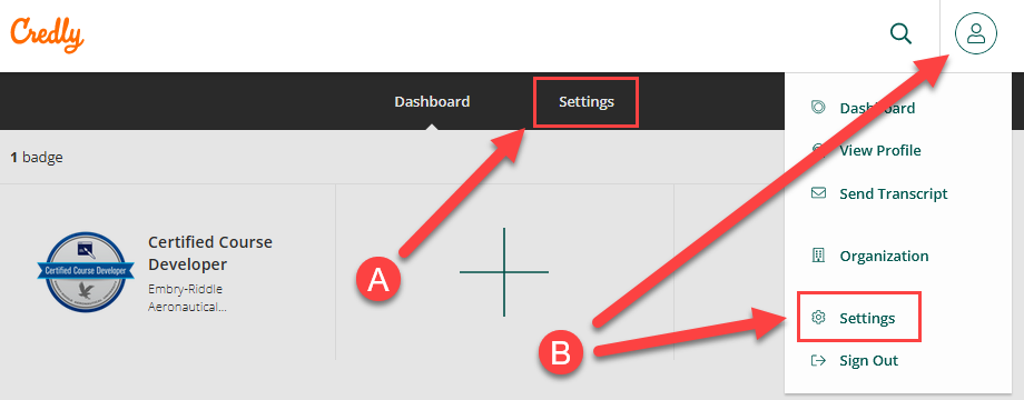 Credly Dashboard, Settings Option