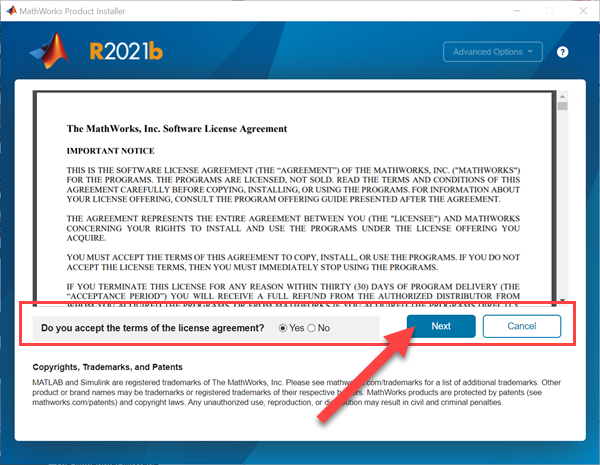 License agreement to install MATLAB
