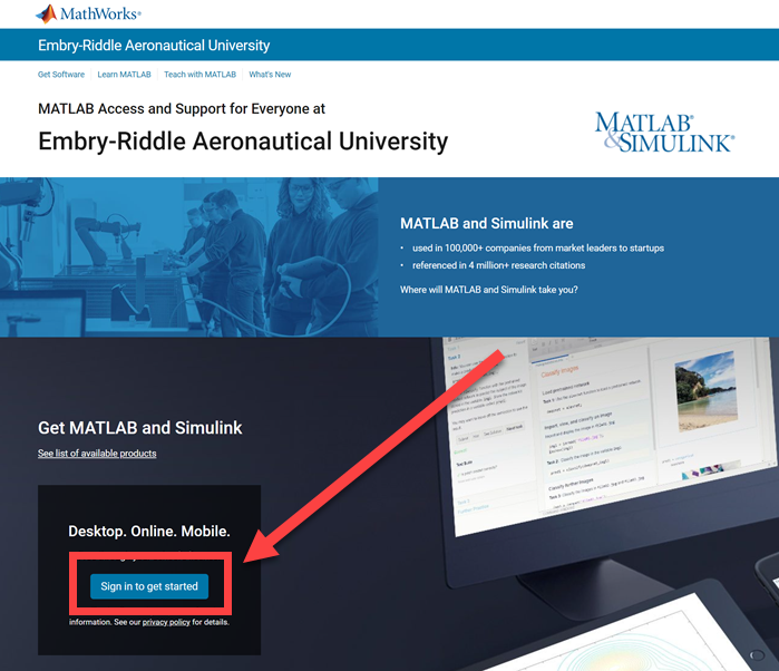 Landing page for MATLAB through ERAU