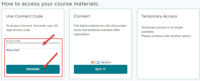 Where students will purchase or enter an access code in McGraw-Hill interface