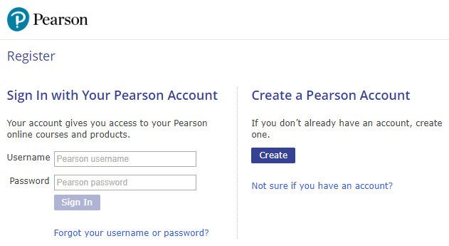 Example of interface where students will either create an account or sign in with an ERAU Pearson account