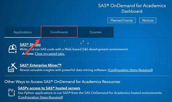 Enrollments tab on SAS dashboard