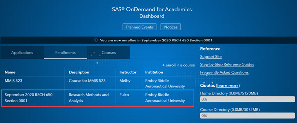 Student's current enrollments in SAS courses