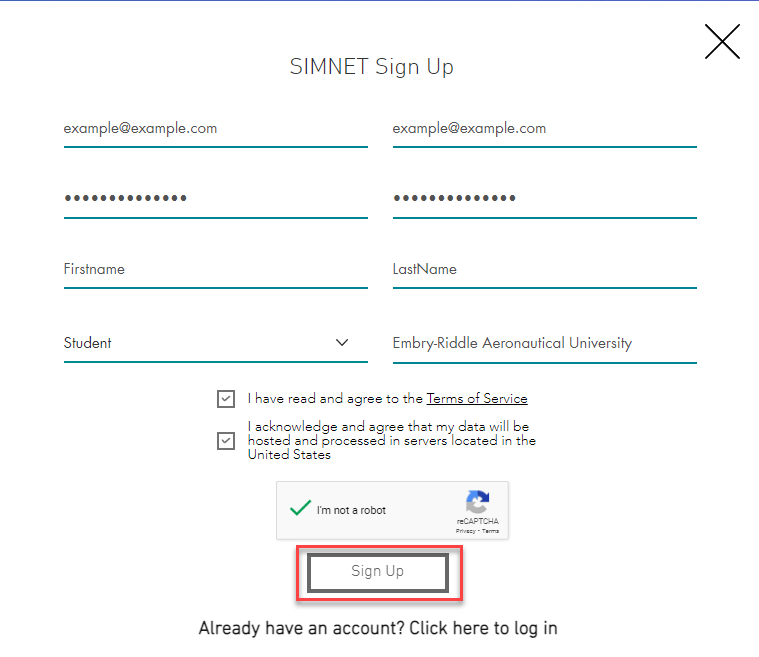 SIMNET Sign Up Page