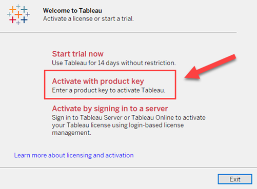 Activating Tableau license with a product key