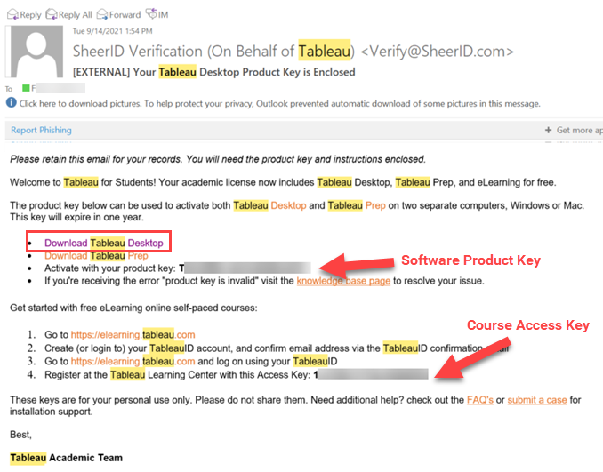 Example of email you will receive from Tableau