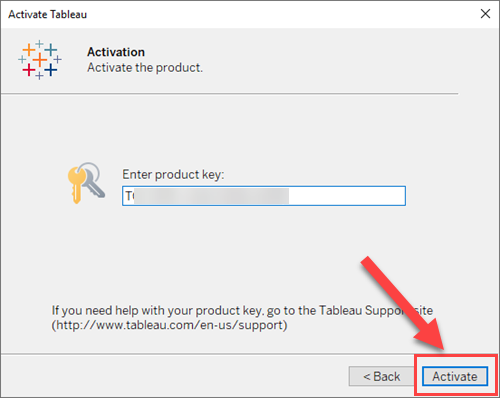 Entering Tableau product key