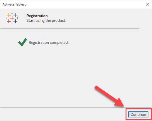 Registration is complete for Tableau Desktop