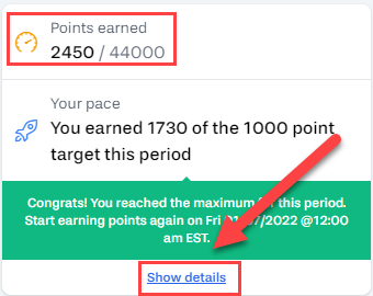 Example of keeping track of your progress by viewing points earned and details