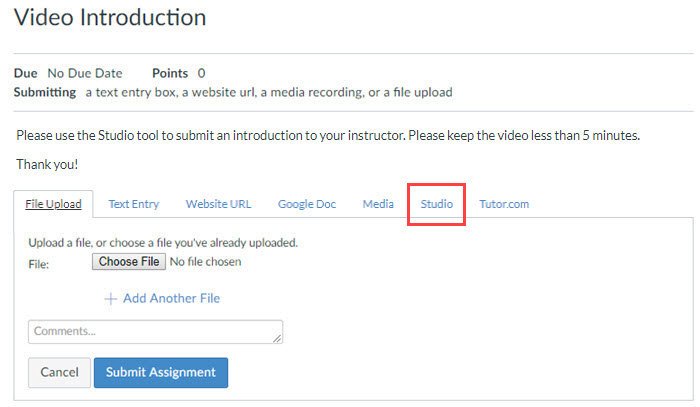 How to submit an Studio video as an assignment