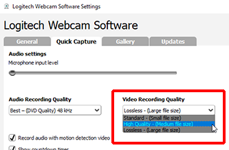 The Video Recording Quality options for Logitech software