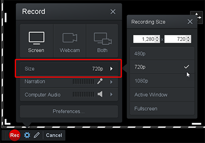 The screen capture size setting on Canvas Studio